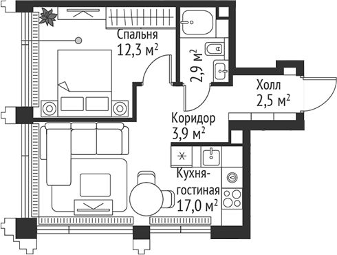 2-комн., 38.6 м², 36/45 этаж, ЖК «СЕТ»