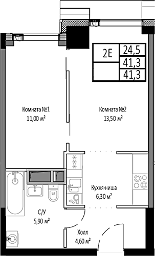 2-комн., 41.3 м², 17/35 этаж, ЖК «Мираполис»