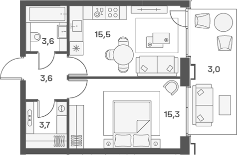 2-комн., 41.7 м², 2/25 этаж, ЖК «Портленд»