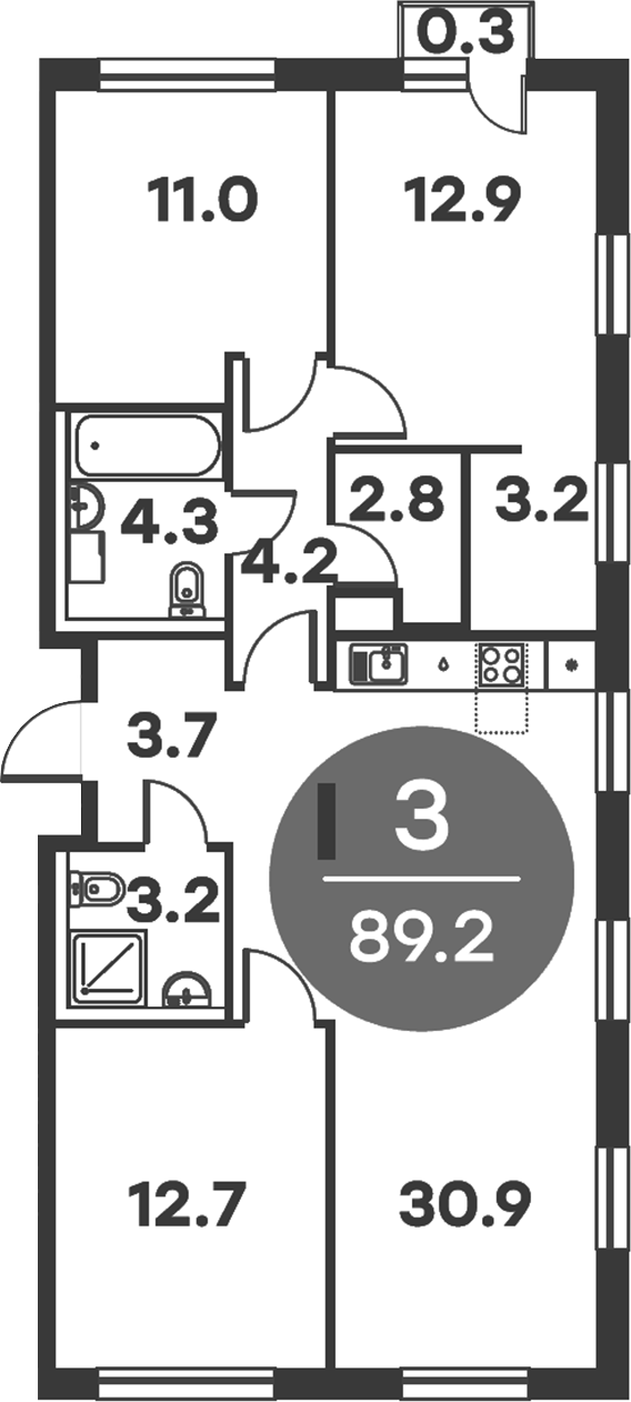 3-комн., 88.9 м², 3/6 этаж, ЖК «Равновесие»