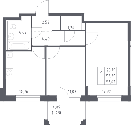2-комн., 52.39 м², 11/17 этаж, ЖК «Прибрежный Парк»
