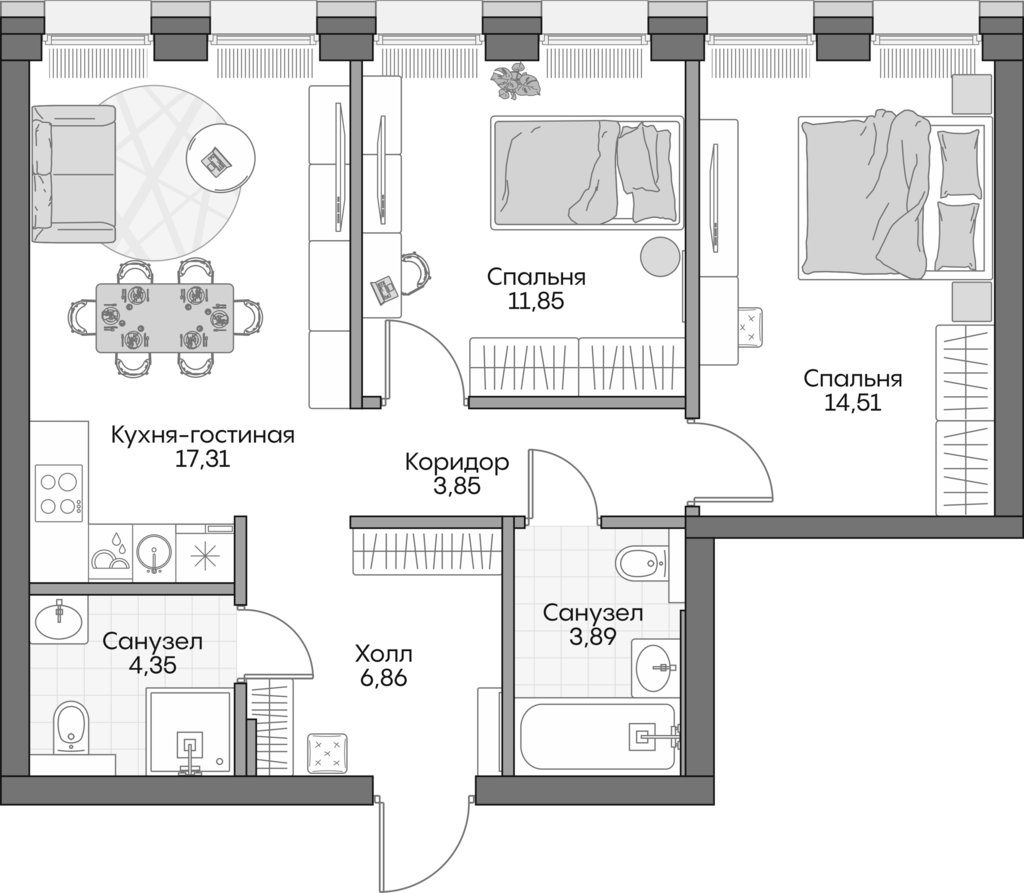 3-комн., 61.5 м², 13/16 этаж, ЖК «Инсайдер»