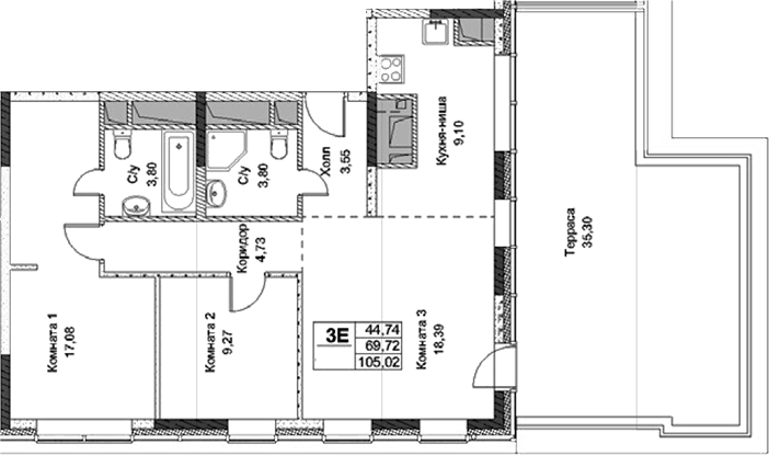 3-комн., 69.72 м², 19/20 этаж, ЖК «ФизтехСити»