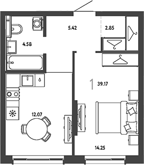 1-комн., 39.17 м², 10/18 этаж, ЖК «Страна.Парковая»