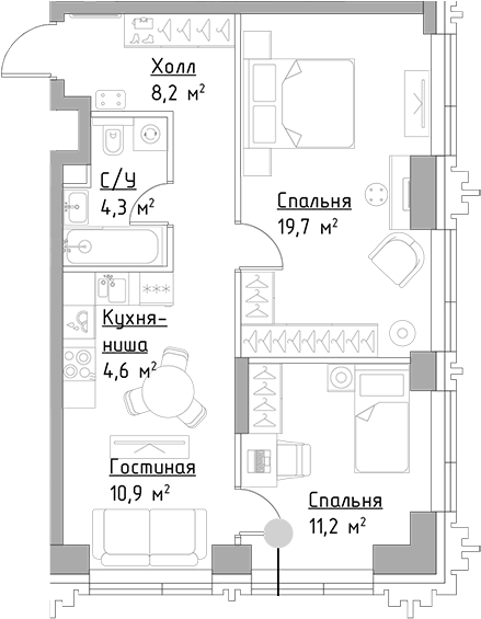 3-комн., 58.9 м², 16/45 этаж, ЖК «Левел Павелецкая Сити»