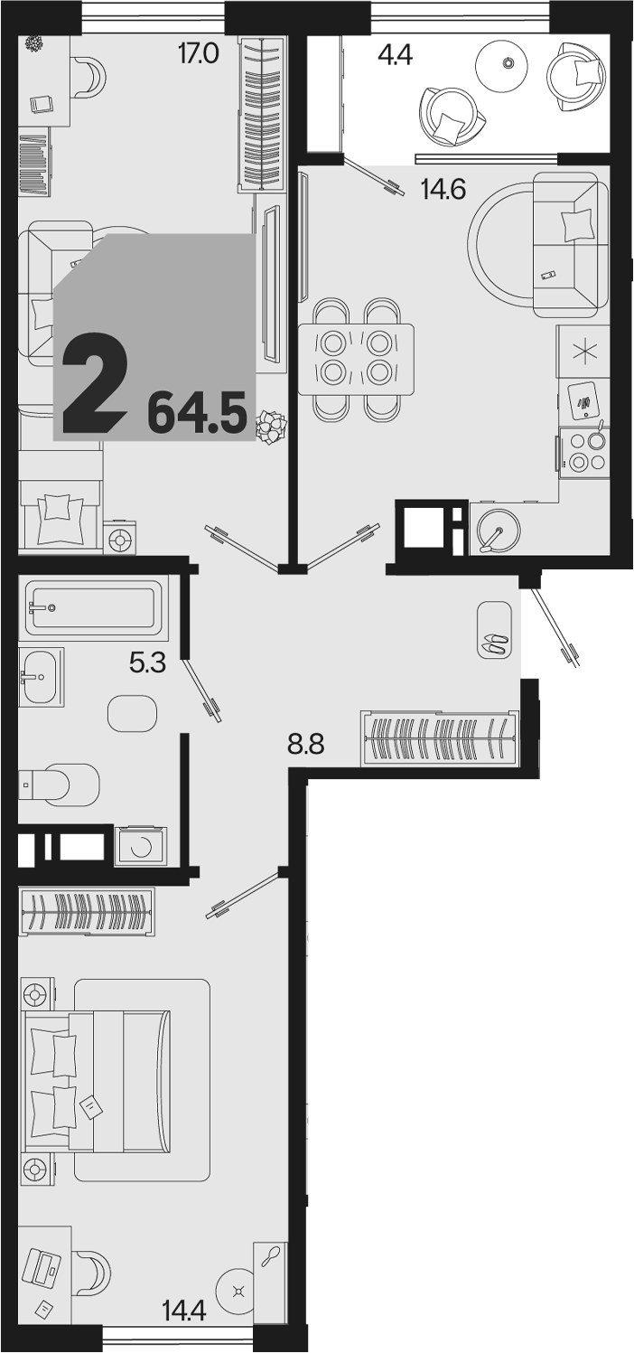 2-комн., 60.1 м², 3/9 этаж, ЖК «Первое место» — фото 2