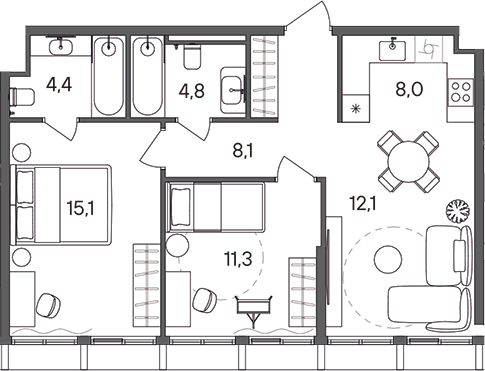 3-комн., 63.8 м², 24/24 этаж, ЖК «СТОУН Сокольники»
