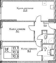 3-комн., 70.9 м², 13/29 этаж, ЖК «Наметкин Тауэр»