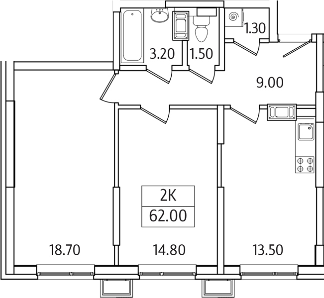 2-комн., 62 м², 20/21 этаж, ЖК «Видный Берег 2.0»
