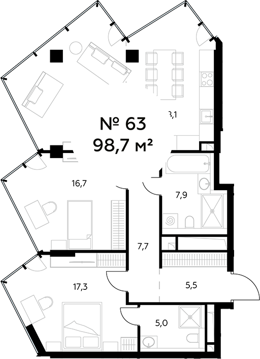 3-комн., 98.7 м², 13/27 этаж, ЖК «Монблан»