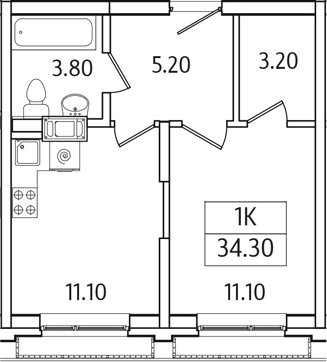 1-комн., 34.3 м², 7/21 этаж, ЖК «Видный Берег 2.0»