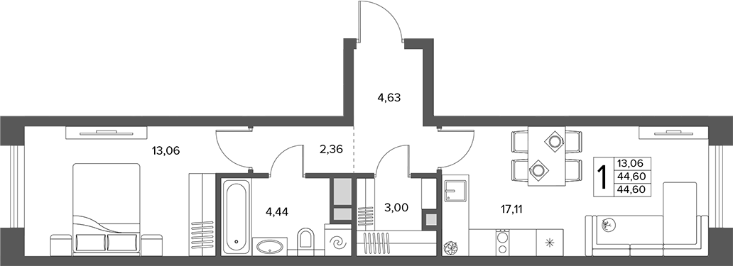 2-комн., 44.6 м², 2/14 этаж, ЖК «Городской бор»