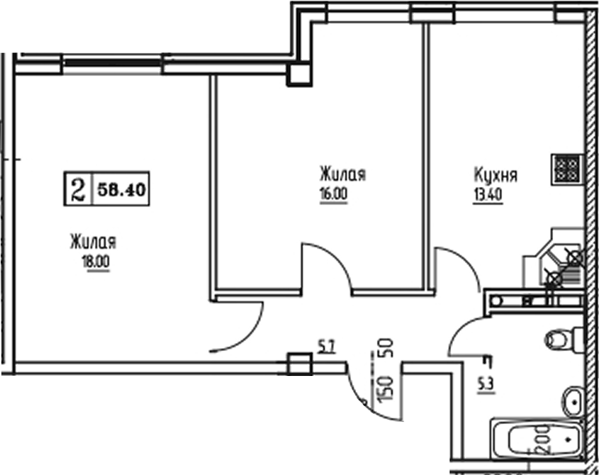 2-комн. квартира, 58.36 м² в ЖК Южная звезда — фото 2