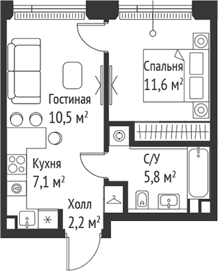 2-комн., 37.2 м², 34/59 этаж, ЖК «СЕТ»