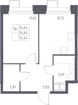 1-комн., 34.64 м², 16/23 этаж, ЖК «Тропарево Парк»