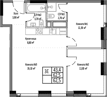 3-комн., 62.5 м², 29/35 этаж, ЖК «Мираполис»