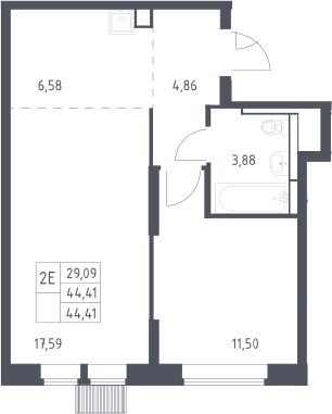 2-комн., 44.41 м², 2/25 этаж, ЖК «Большое Путилково»