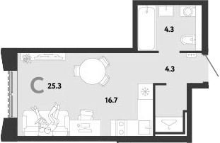 Студия, 25.3 м², 21/29 этаж, ЖК «Страна.Заречная»