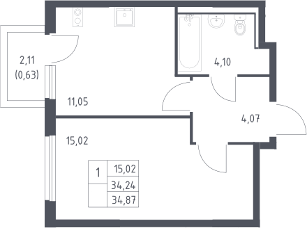1-комн., 34.24 м², 16/17 этаж, ЖК «Пригород Лесное»