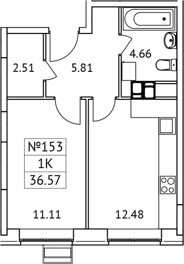 1-комн., 36.57 м², 7/17 этаж, ЖК «Новотомилино»