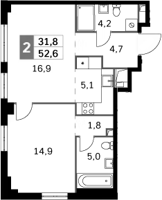 2-комн., 52.6 м², 27/28 этаж, ЖК «Сидней Сити»