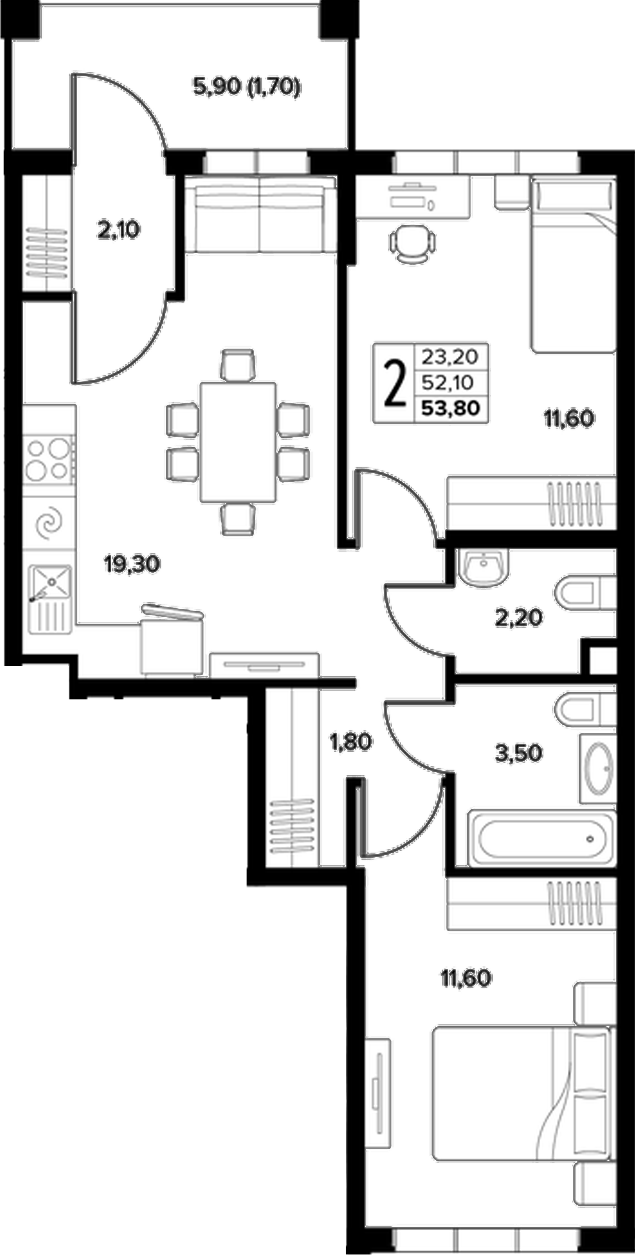2-комн. квартира, 52.1 м² в ЖК Кипарис — фото 2