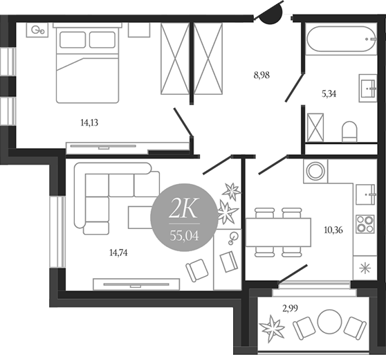 2-комн., 53.54 м², 5/18 этаж, ЖК «Сердце Лыткарино»