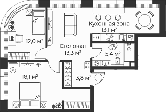3-комн., 65.6 м², 27/35 этаж, ЖК «Веер»