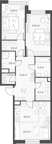 3-комн., 76 м², 3/12 этаж, ЖК «Аристов Берег»