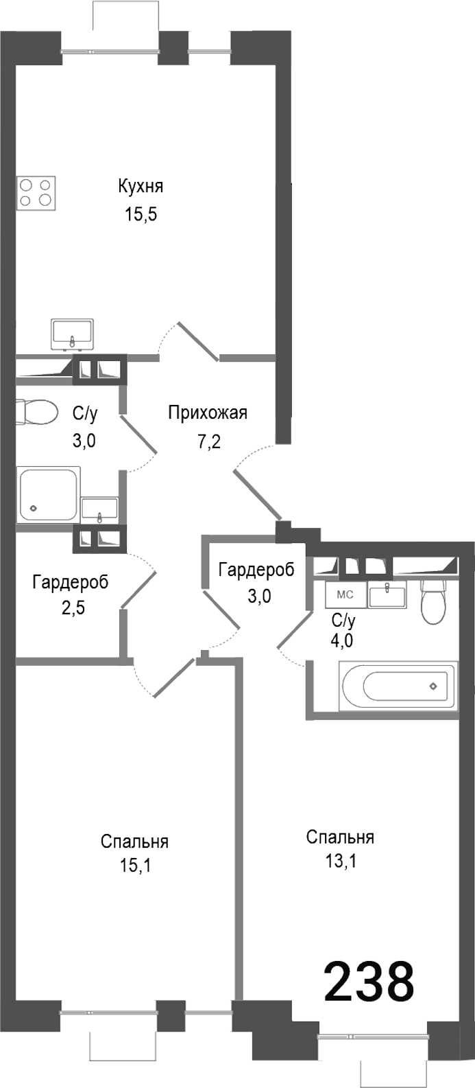 3-комн., 63.4 м², 3/6 этаж, ЖК «Киноквартал»