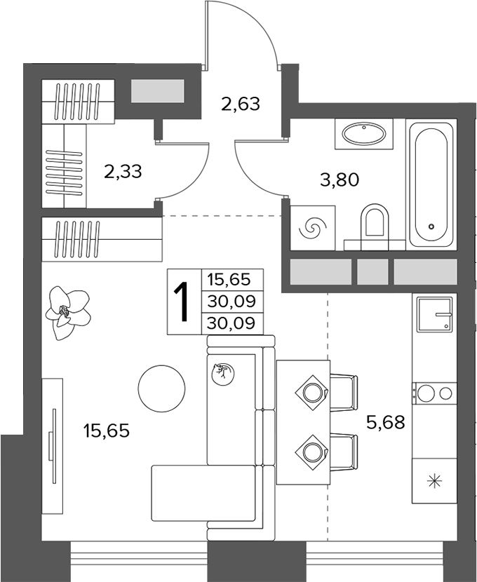 Студия, 30.09 м², 6/14 этаж, ЖК «Городской бор»