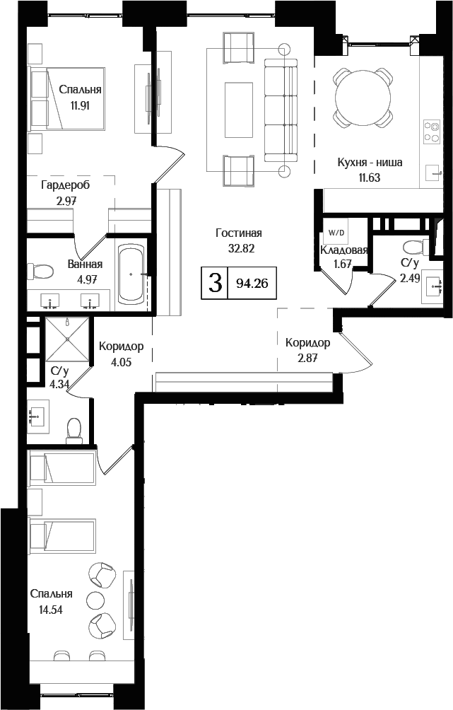 3-комн., 94.26 м², 6/17 этаж, ЖК «Преображенская площадь»