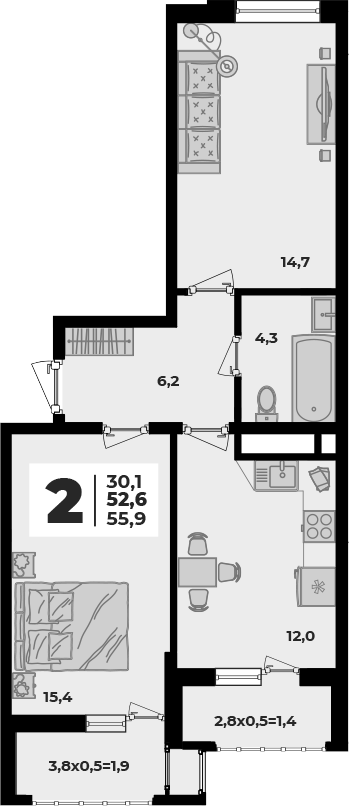 2-комн. квартира, 52.6 м² в ЖК Родной дом 5 — фото 2