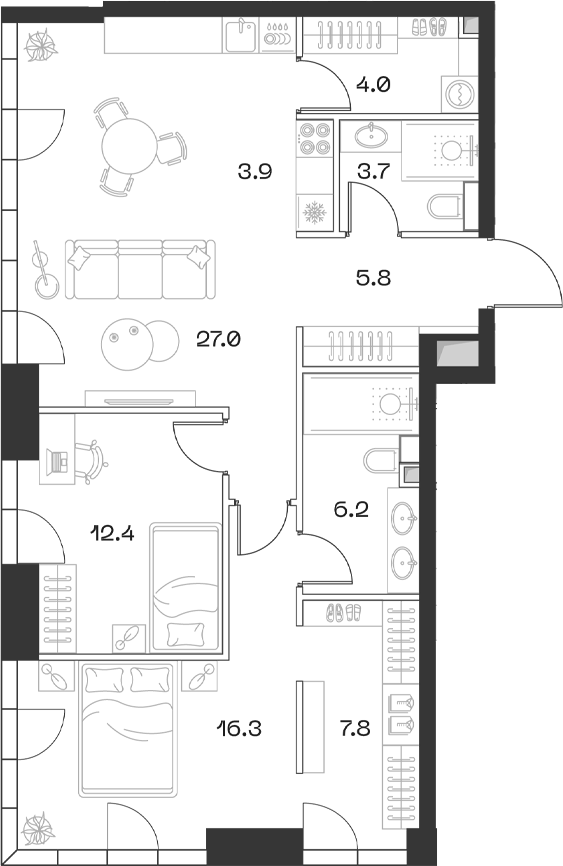 3-комн., 87.1 м², 2/18 этаж, ЖК «SHIFT»