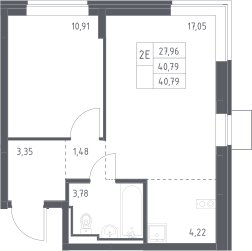 2-комн., 40.79 м², 11/12 этаж, ЖК «Богдановский лес»