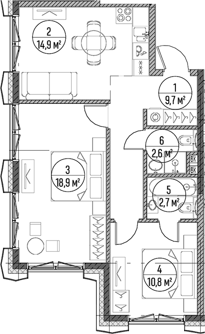 2-комн., 59.6 м², 12/22 этаж, ЖК «Дом на Часовой»