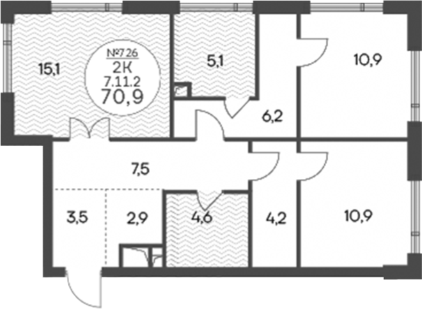 2-комн., 70.9 м², 11/14 этаж, ЖК «Клубный квартал КРЫЛАТСКАЯ 33»