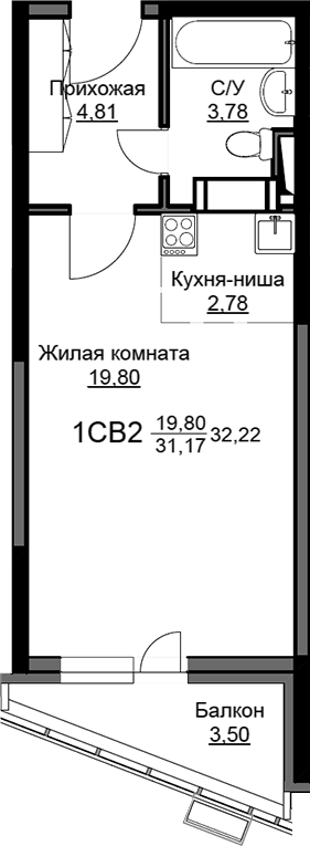 Студия, 31.17 м², 7/17 этаж, ЖК «Соболевка»