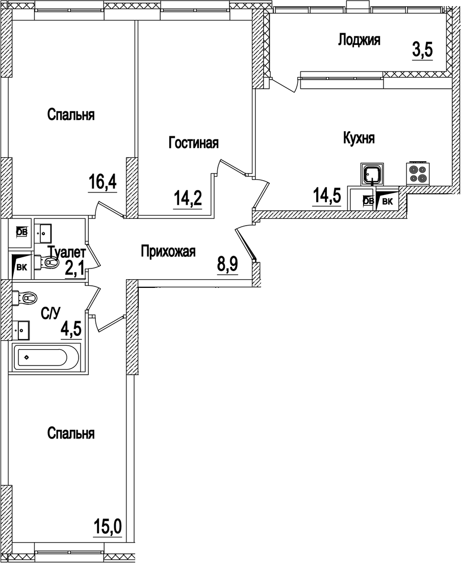 3-комн., 75.6 м², 15/22 этаж, ЖК «Рассказово»