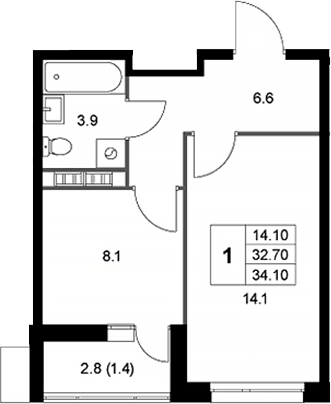 1-комн., 32.9 м², 8/8 этаж, ЖК «Легенда Коренево»