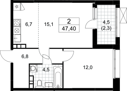 2-комн., 45.1 м², 16/21 этаж, ЖК «Бунинские кварталы»