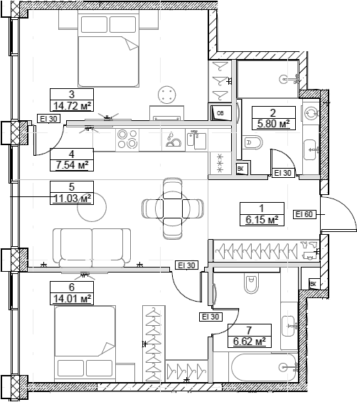 3-комн., 65.87 м², 12/24 этаж, ЖК «Сити Бэй»