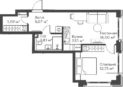 2-комн., 42.15 м², 7/15 этаж, ЖК «Сити Бэй»