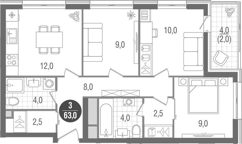 3-комн., 61 м², 29/32 этаж, ЖК «Кантемировский»