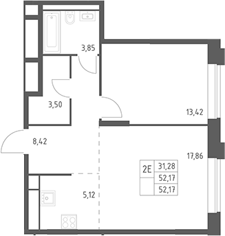 2-комн., 52.17 м², 13/14 этаж, ЖК «Верейская 41»