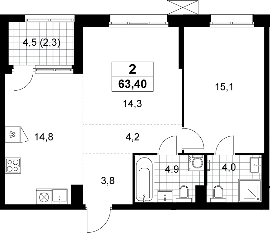 2-комн., 61.1 м², 3/12 этаж, ЖК «Дзен-кварталы»