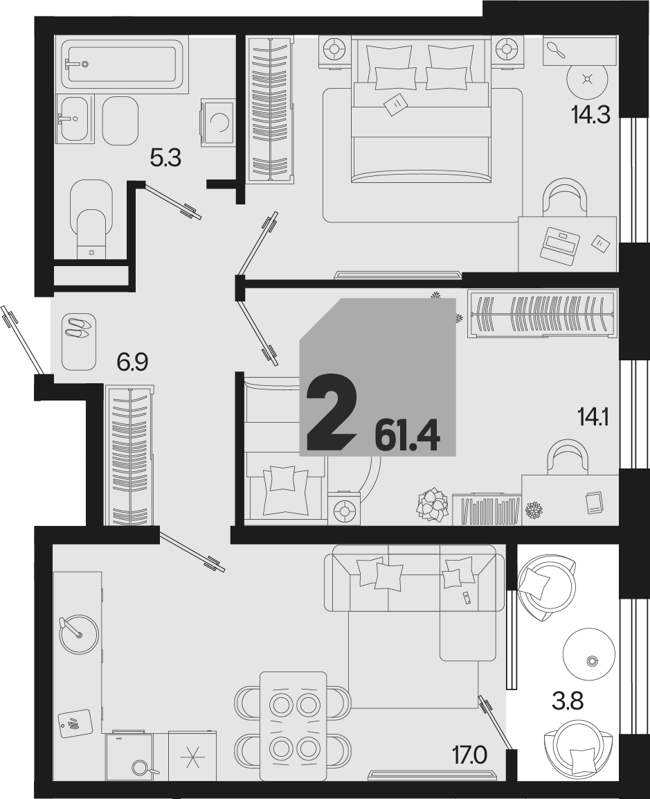 3-комн. квартира, 57.6 м² в ЖК Первое место — фото 2