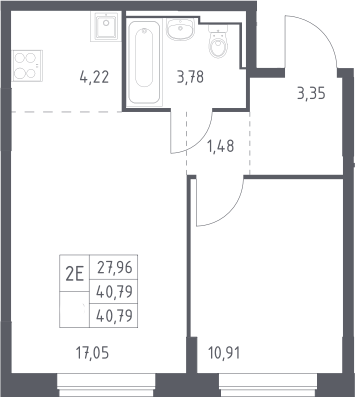 2-комн., 40.79 м², 7/12 этаж, ЖК «Богдановский лес»