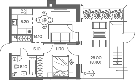 2-комн., 41.2 м², 2/12 этаж, ЖК «Инджой»