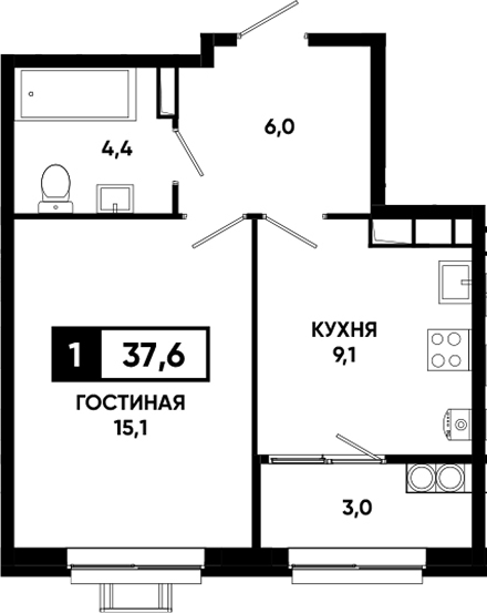 1-комн., 34.6 м², 18/19 этаж, ЖК «Основа. ГК ЮгСтройИнвест. Ставропольский край»